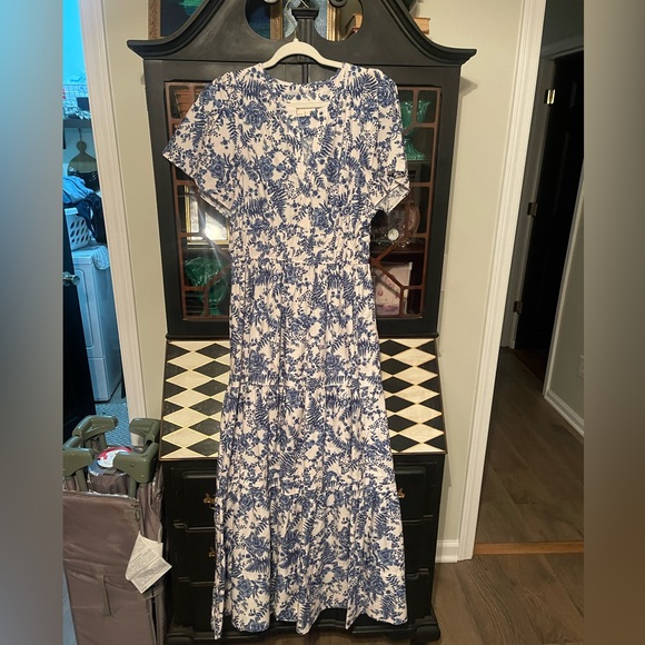 Anthropologie Somerset Tiered Cotton Maxi Dress Blue Ivory Floral Print L - Picture 2 of 3